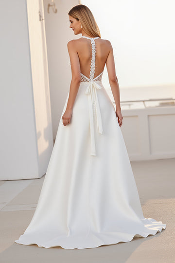 Halter Lace A Line Ivory Satin Wedding Dress